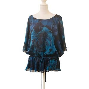 DressBarn Blue and Black Floral Chiffon Lined Blouse Bell Sleeve Size 16